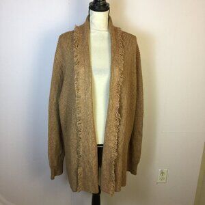 Tahari Open Front Cardigan Sweater 2X Womans Plus Brown Tan Long Sleeve Fringe